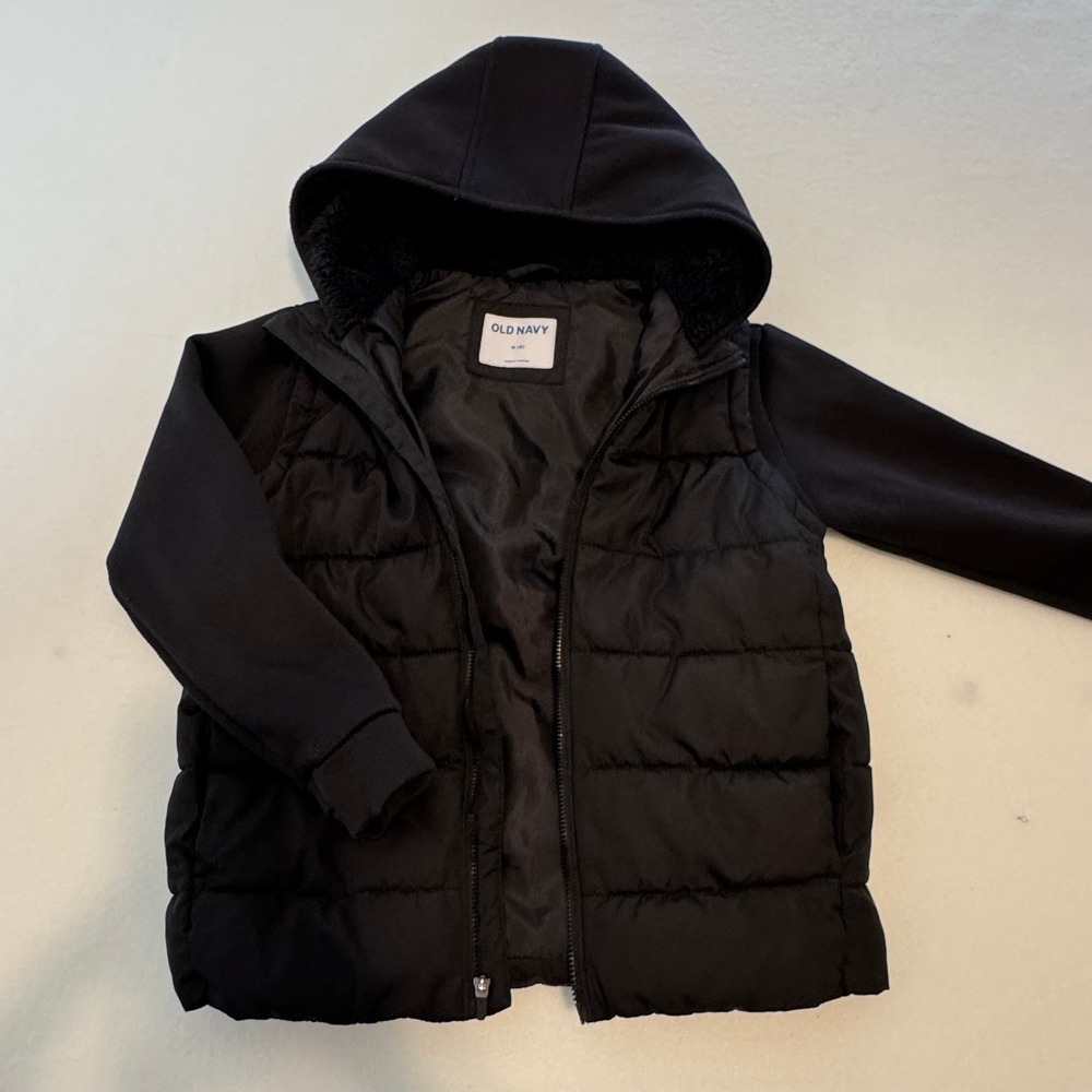Old Navy Kids Black Puffer Jacket Sherpa Lined Hood Hybrid Knit Sleeve Size M 8